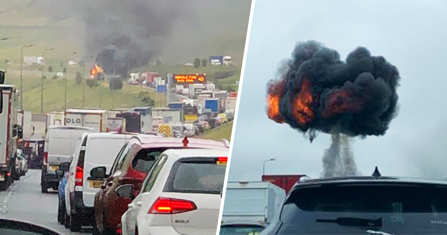 Dashcam footage shows moment a crane vehicle exploded on the M62, The Manc
