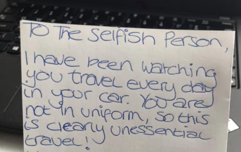 NHS worker given angry note and reported after not wearing uniform when driving to work, The Manc