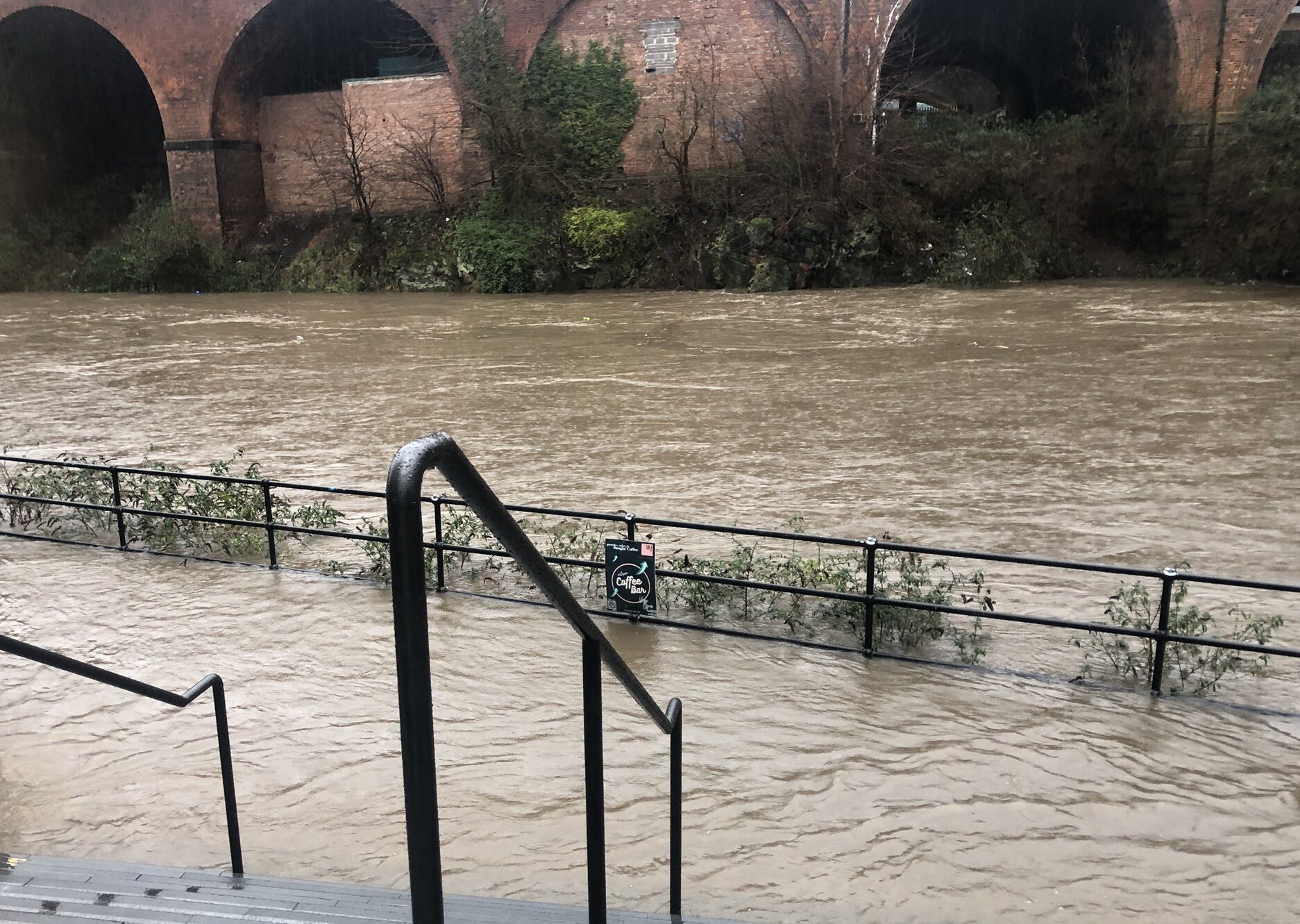 River Irwell breaks banks at Castlefield as Storm Christoph batters Greater Manchester, The Manc
