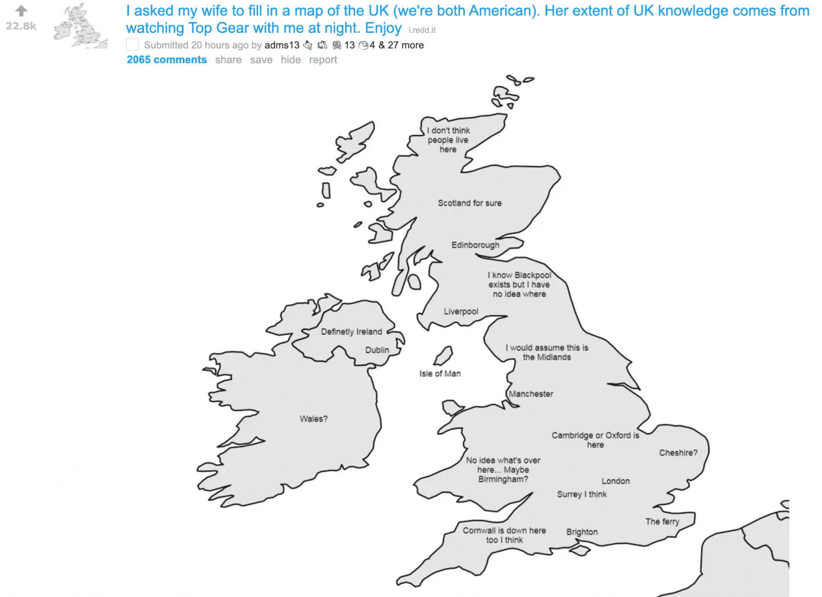 An American woman has filled in a map of the UK and royally messed it up, The Manc