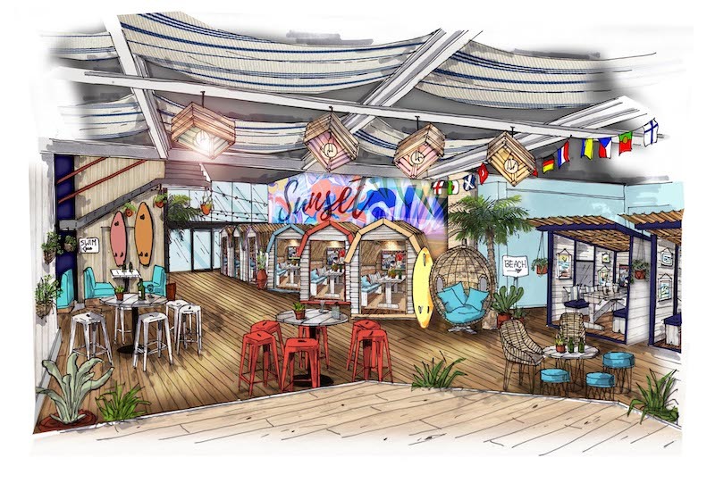 Ibiza-style Sunset Lounge with beach huts and live sport launches at Great Northern, The Manc
