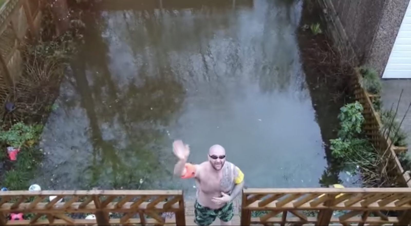 Failsworth man goes swimming in his back garden after Storm Franklin, The Manc