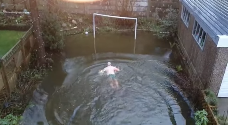 Failsworth man goes swimming in his back garden after Storm Franklin, The Manc