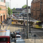 A Metrolink tram in Manchester city centre.