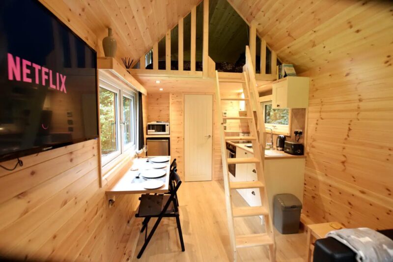 Inside a tiny cabin Airbnb