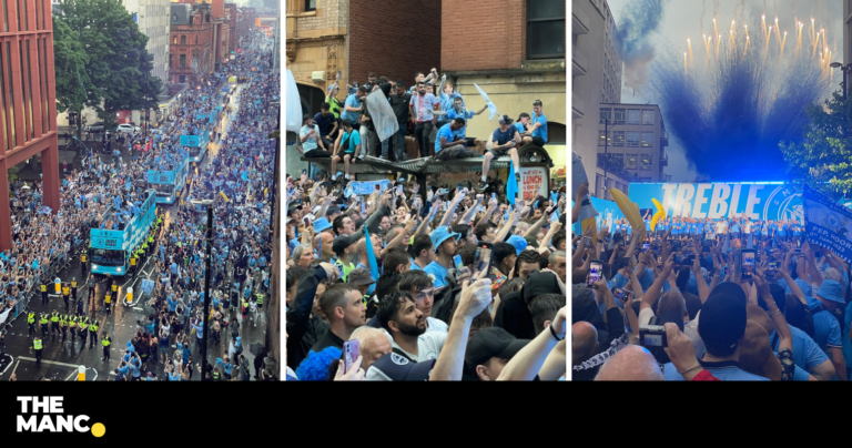 Manchester left awash with blue confetti and broken bus stops after Man City parade