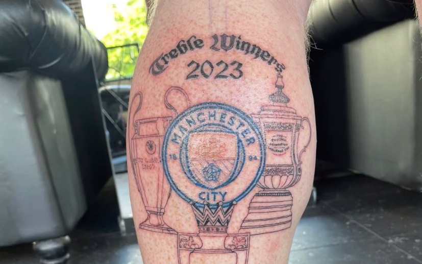 Manchester City fan gets treble winner 2023 tattoo before Champions League final