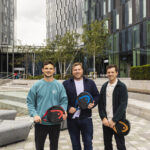 Club de Padel founders David Blake, James Wigglesworth, and Matt McKinlay outside Deansgate Square in Manchester