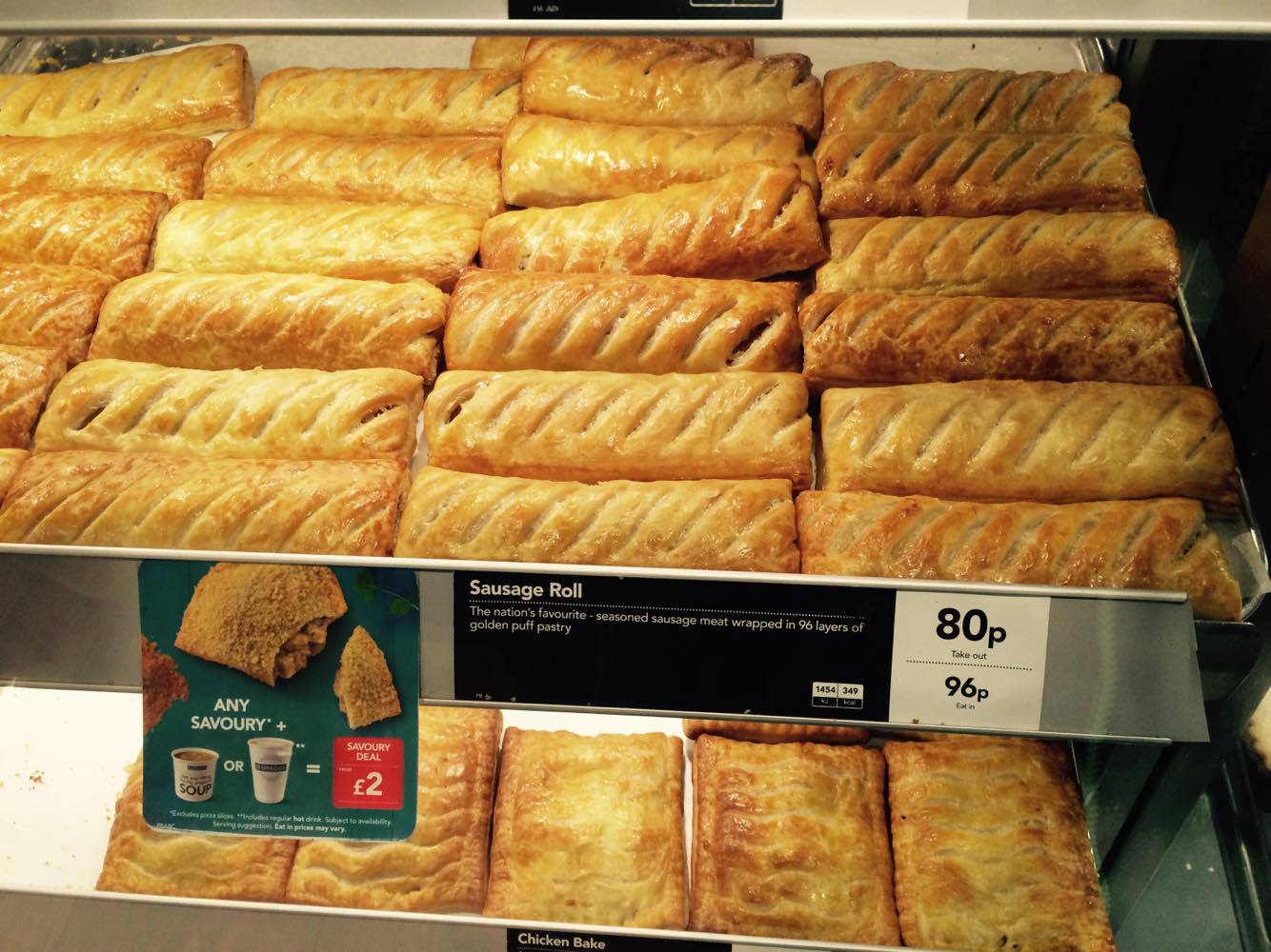 image of sausage rolls on the shelf at Greggs