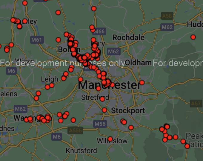 A map of Giant Hogweed growth around Greater Manchester