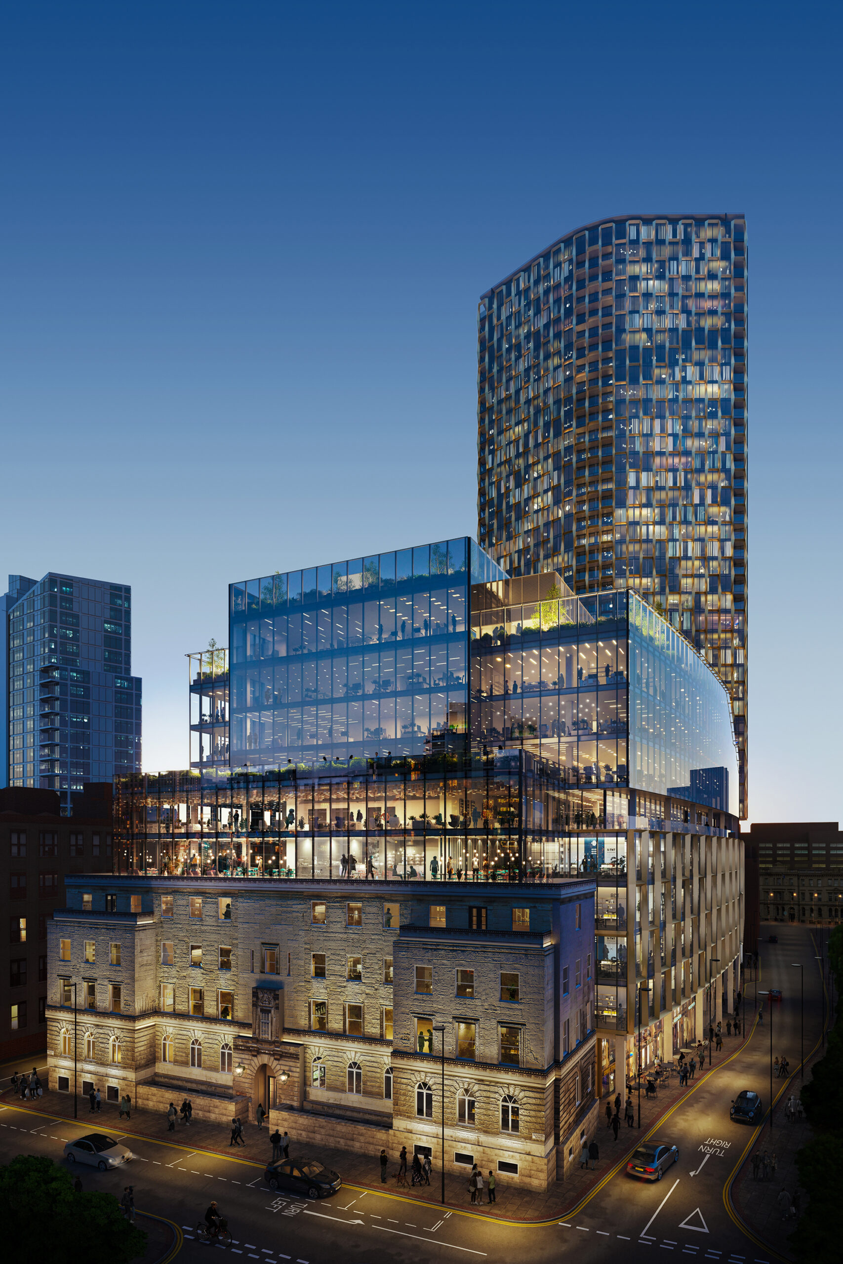 CGI of St Michael's in Manchester, a huge development that includes a skyscraper and an office building