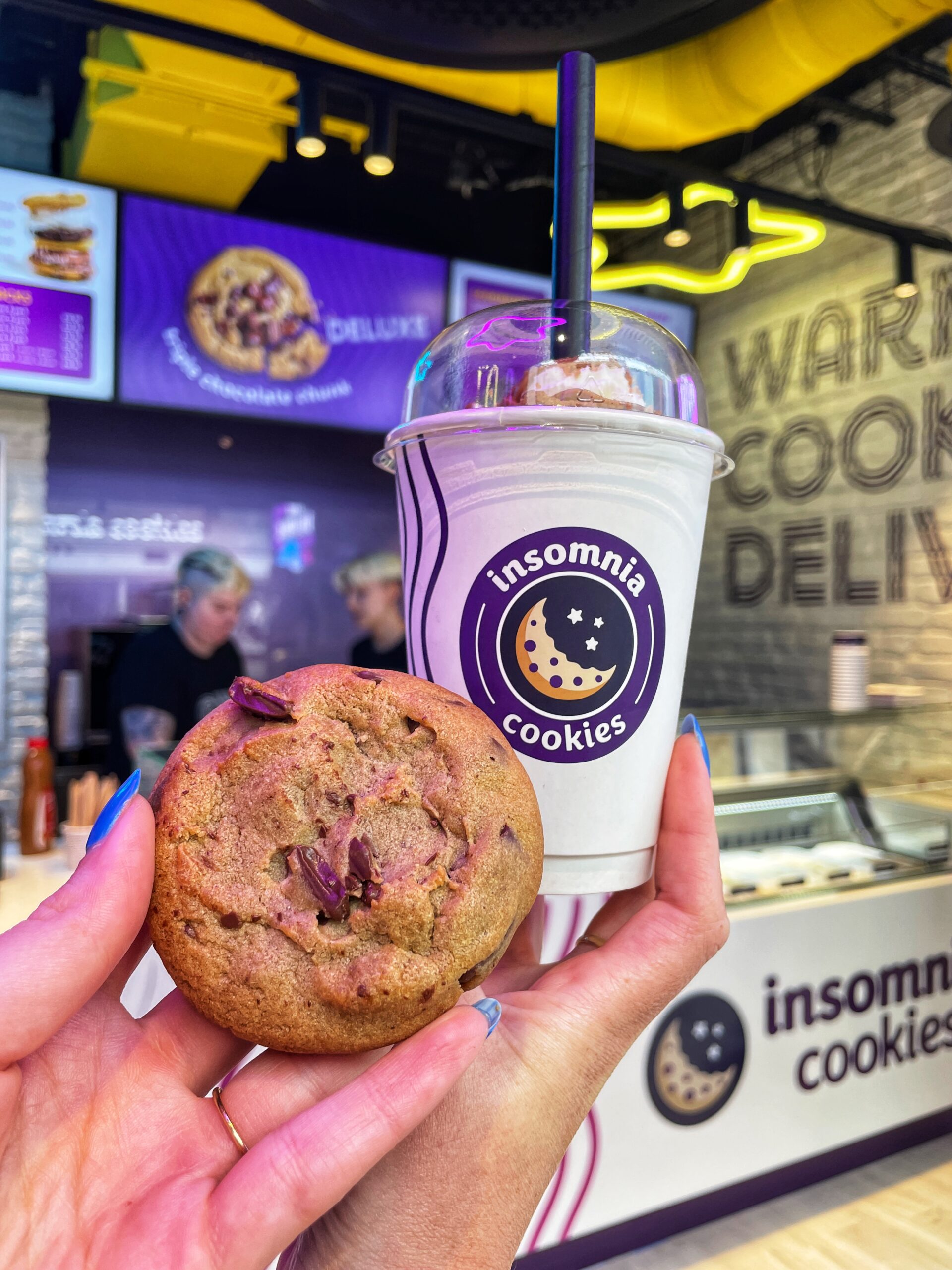 Warm cookies and a cookie shake inside the bakery.