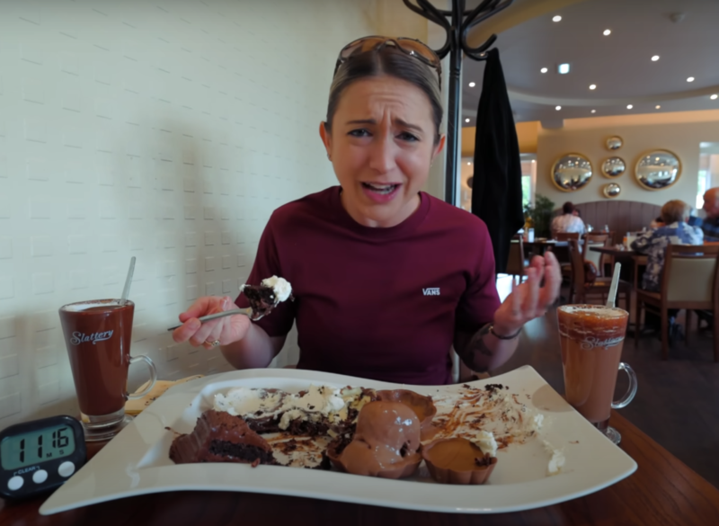 Katina Eats Kilos taking on the Slattery Chocolate Challenge. Credit: YouTube