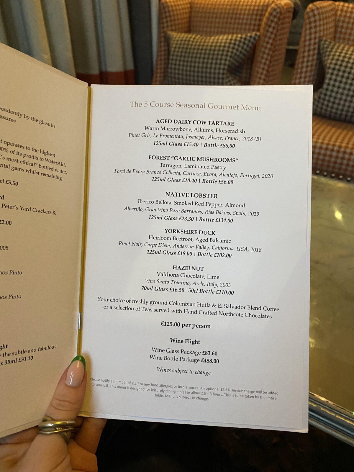 Northcote Manor menu