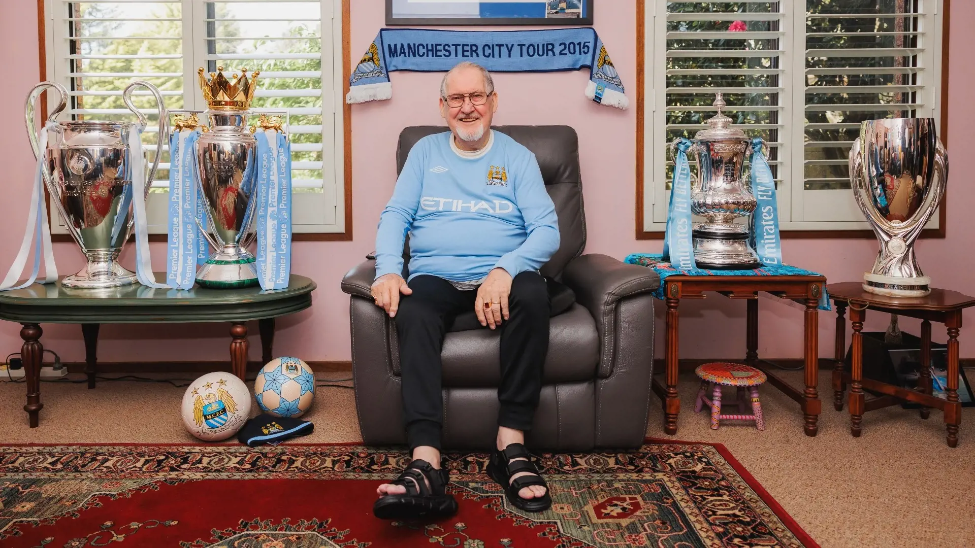 Terminally ill Manchester City fan surprised with treble trophies