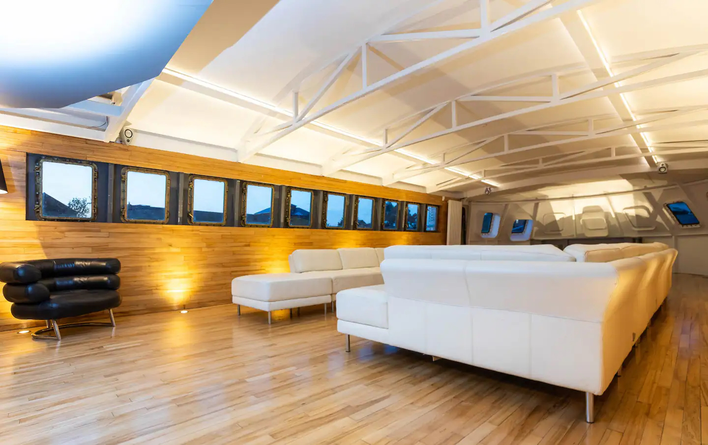 This luxury yacht is moored in Salford, Greater Manchester, as an Airbnb