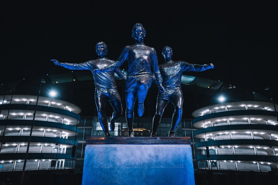 Colin Bell Francis Lee Mike Summerbee statue Manchester City Etihad Stadium