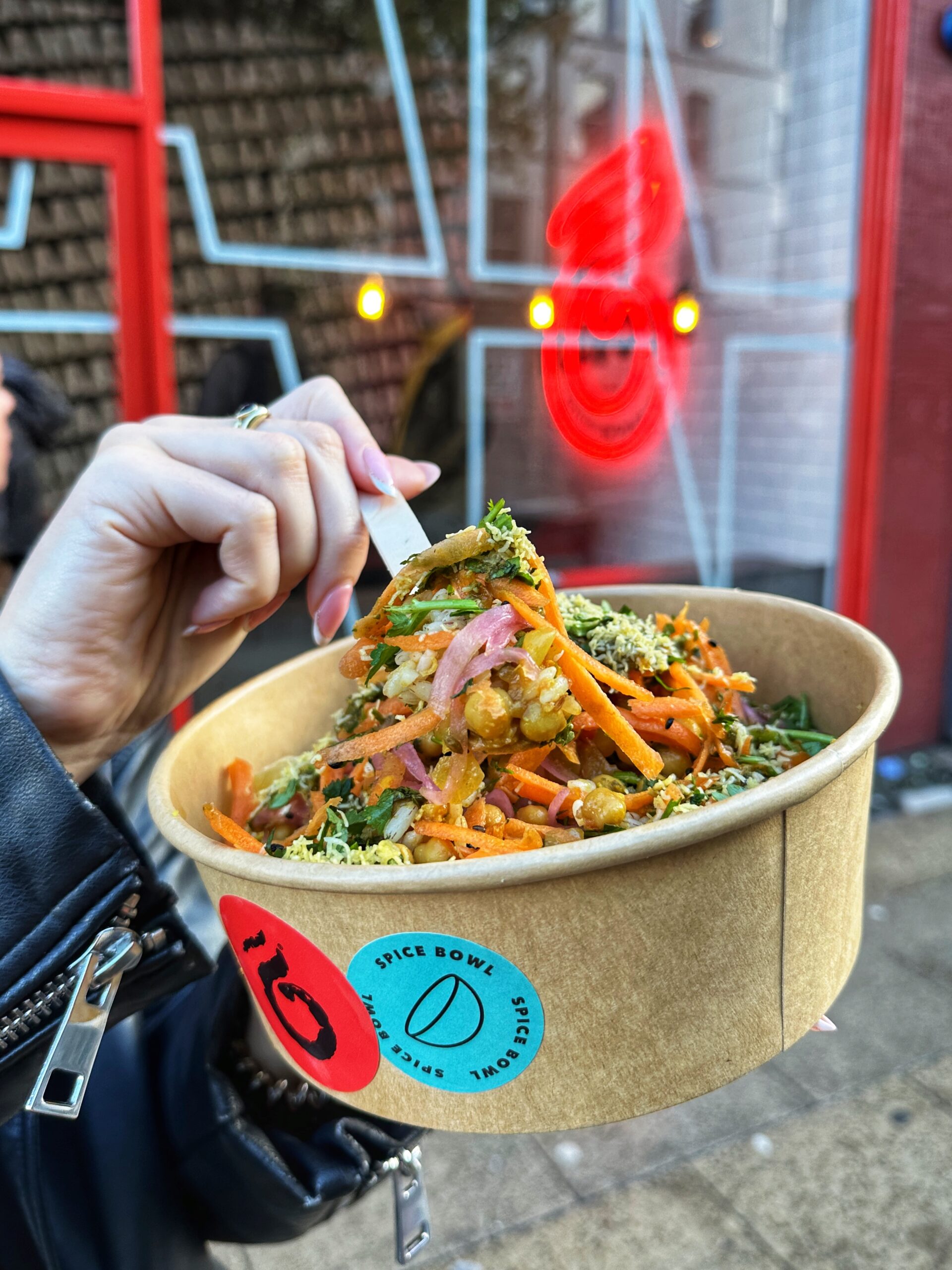 A chickpea masala rice bowl from Rola Wala