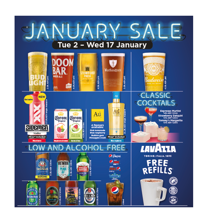 Wetherspoons has announced its January sale deals and prices on food and drink