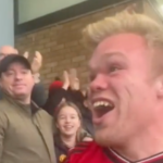 Rasmus Hojlund lookalike Sean Millis celebrates birthday goal for Man United at Old Trafford
