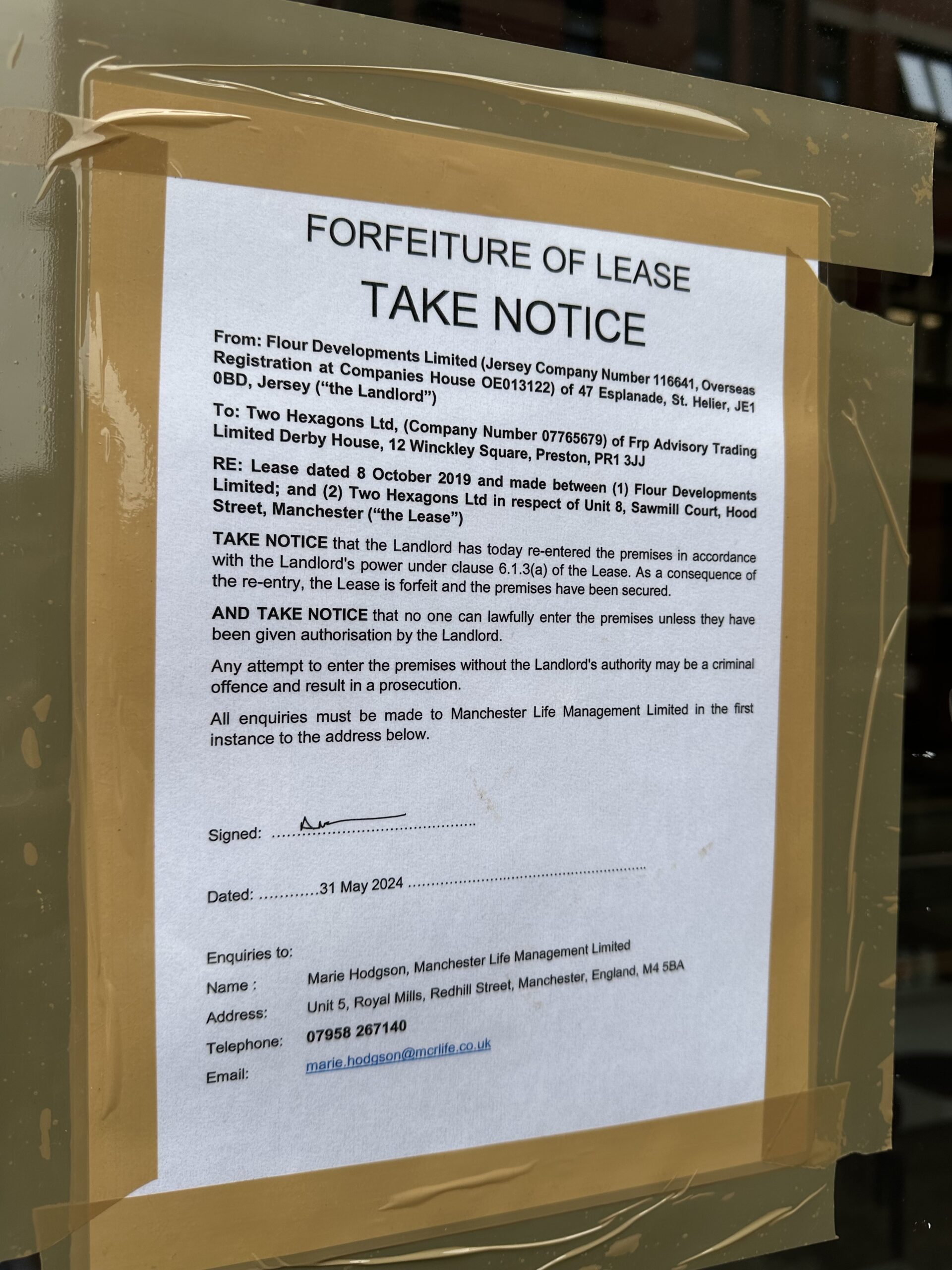 The forfeiture notice in the window of Trove in Ancoats. Credit: The Manc Group