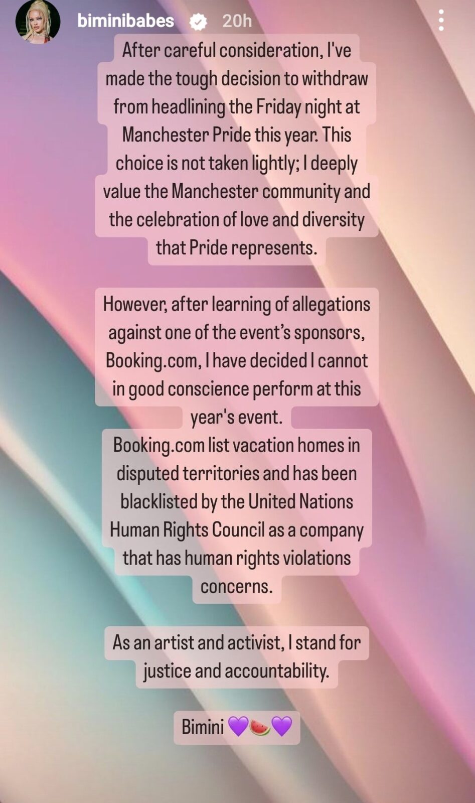 Bimini's statement in full as artist pulls out of Manchester Pride. Credit: Instagram, @biminibabes