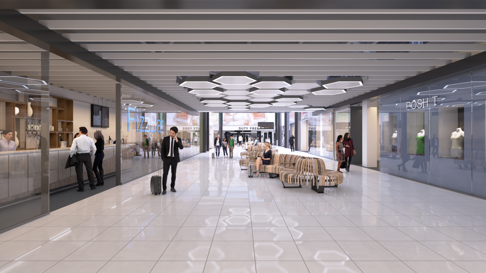 CGI of the new premium 'high street'-style retail offering at Manchester Airport Terminal 2. Credit: MAG