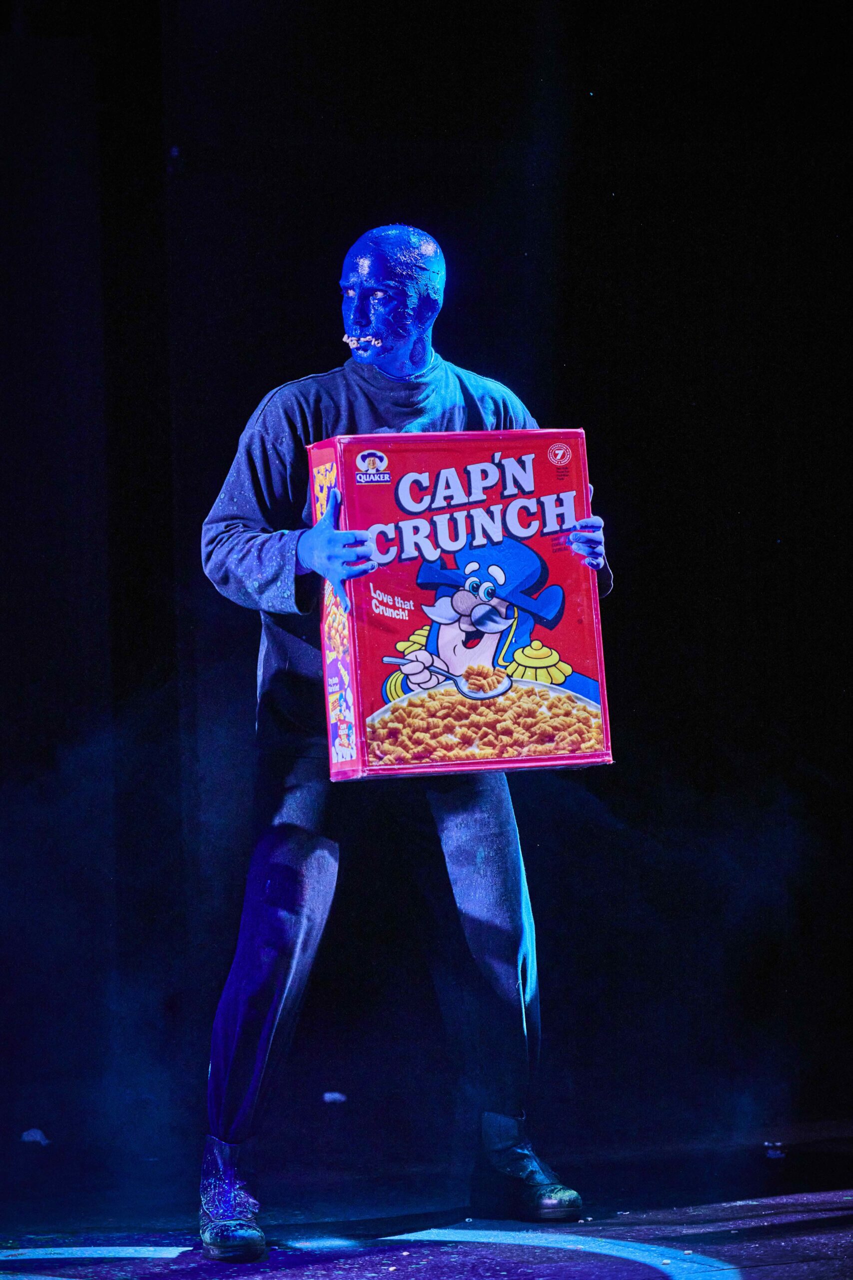 The Blue Man Group making percussion from Cap'n Crunch cereal. Credit: Supplied