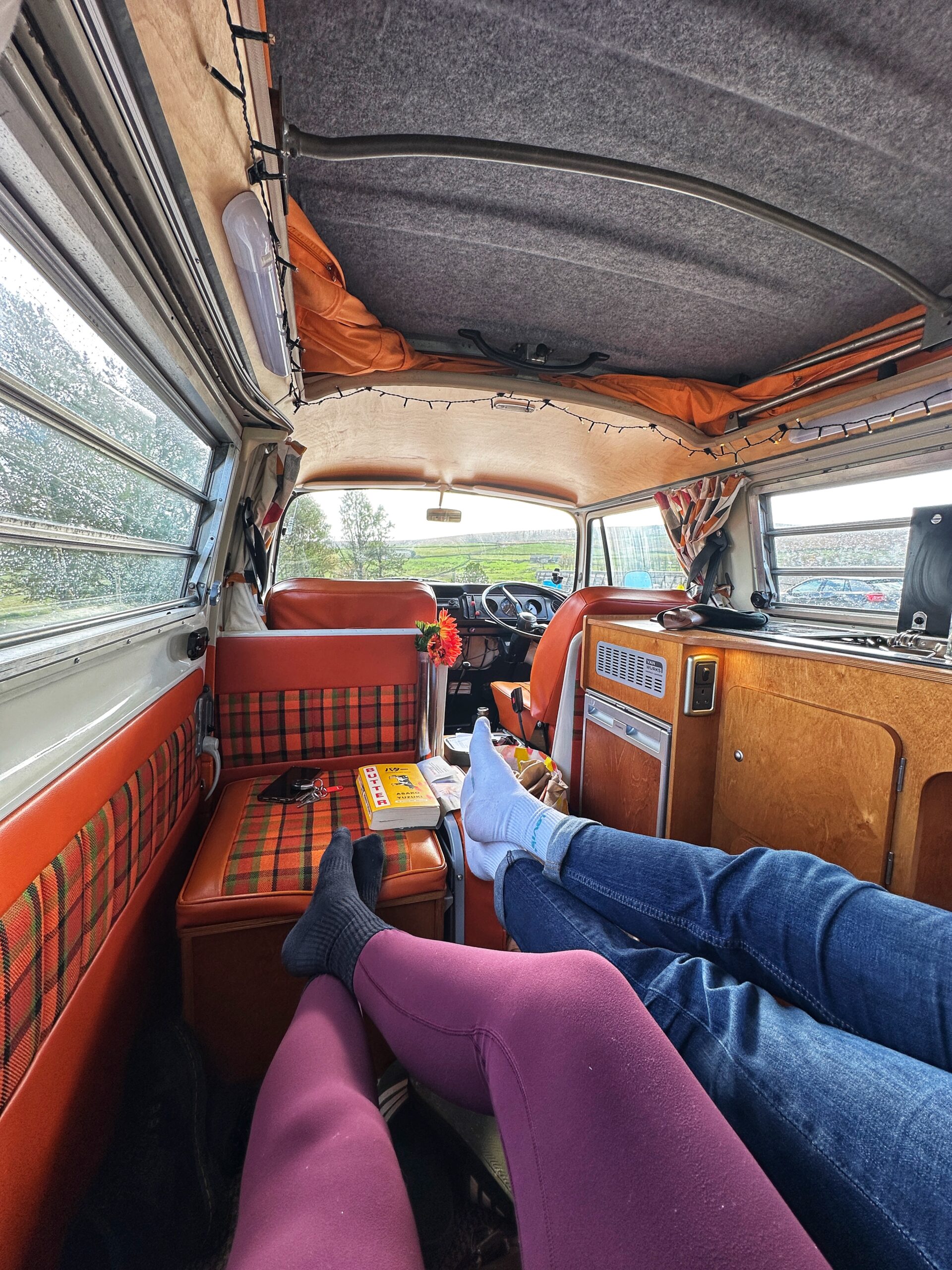 Inside Edith, the classic VW camper van you can rent from Oldham. 