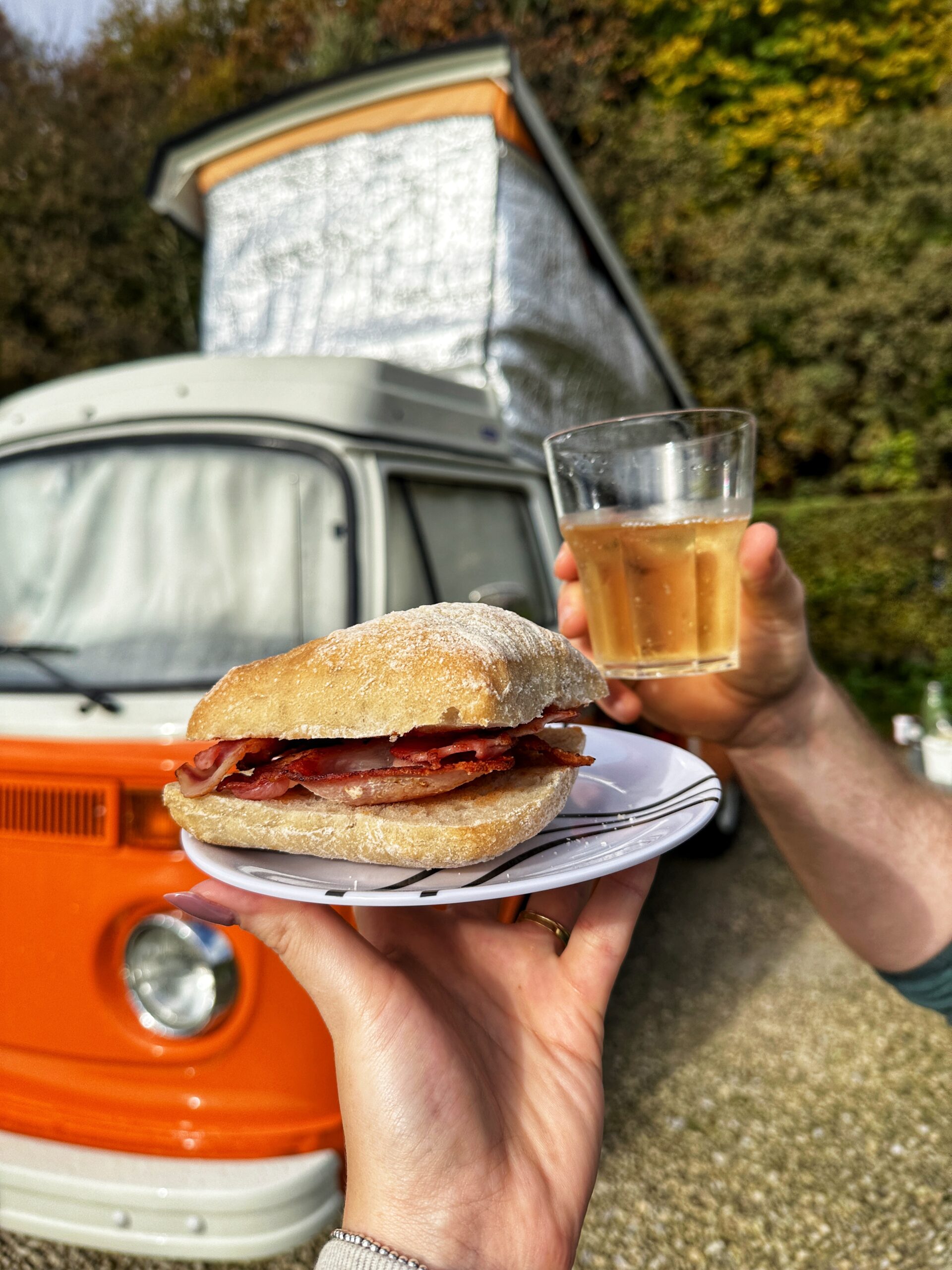 Bacon butty and champagne breakfast outside Edith