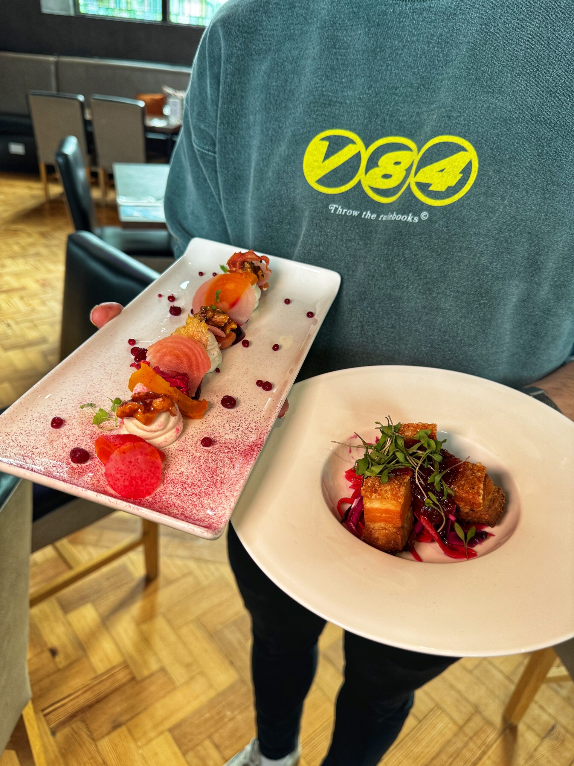 Beetroot and goats cheese, and pork belly small plates Credit: The Manc Group