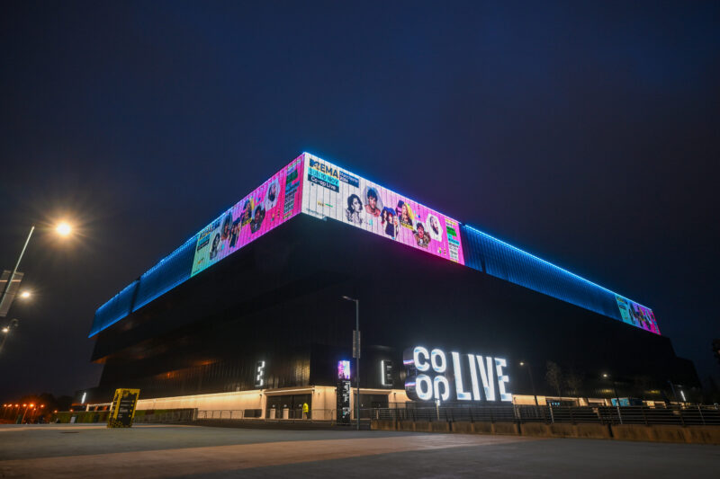 MANCHESTER, ENGLAND - NOVEMBER 07: General view of MTV signage displayed on the exterior of the venue ahead of the MTV Europe Music Awards 2024 held at Co-op Live on November 07, 2024 in Manchester, England. (Photo by Anthony Devlin/MTV EMA/Getty Images for Viacom International)