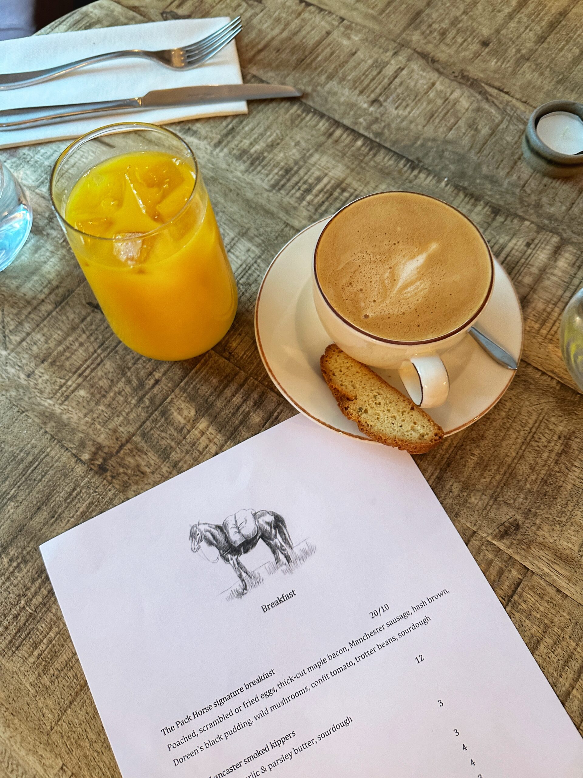 Coffee, juice and a breakfast menu at The Pack Horse. Credit: The Manc Group