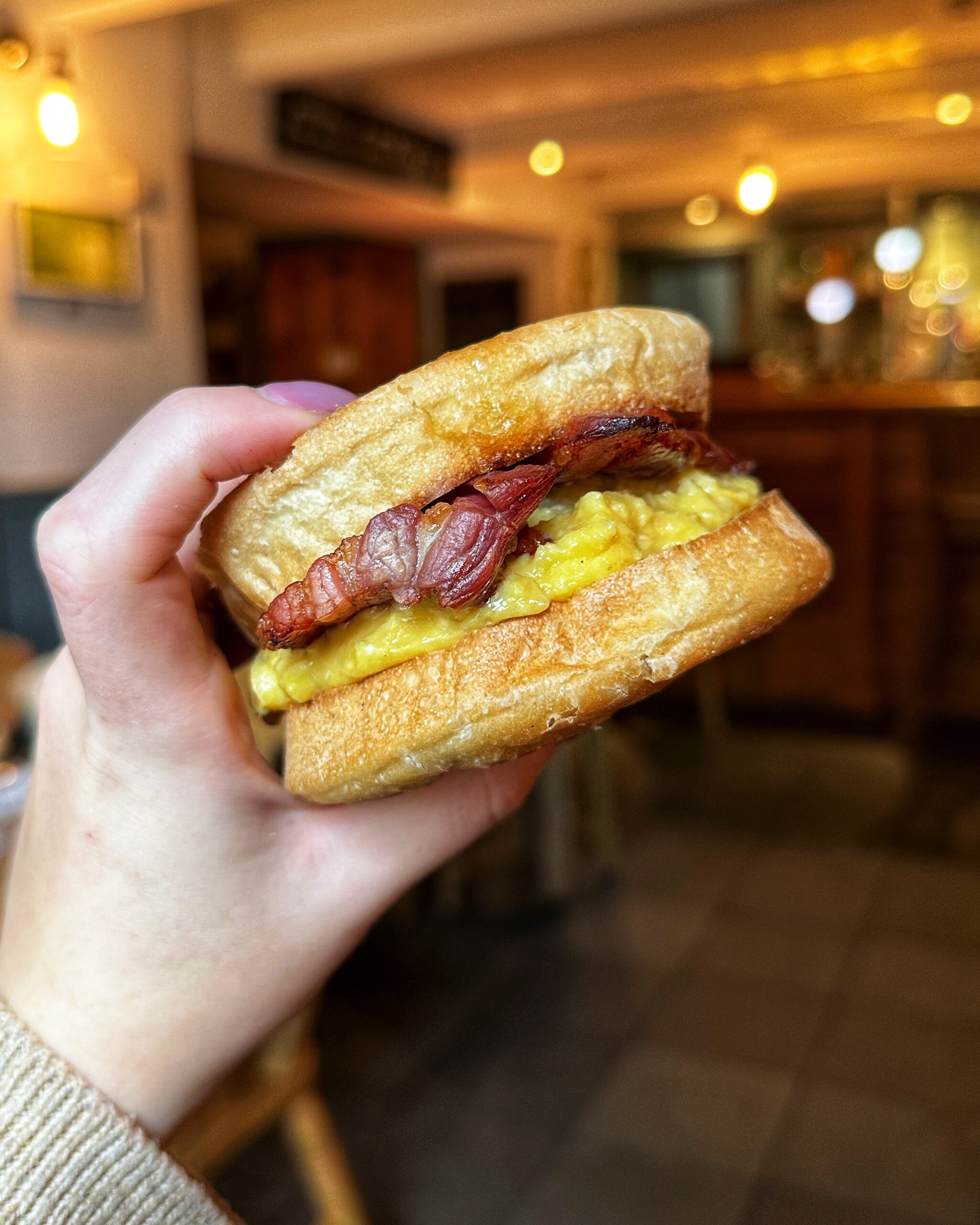 A bacon and egg muffin at The Pack Horse Hayfield