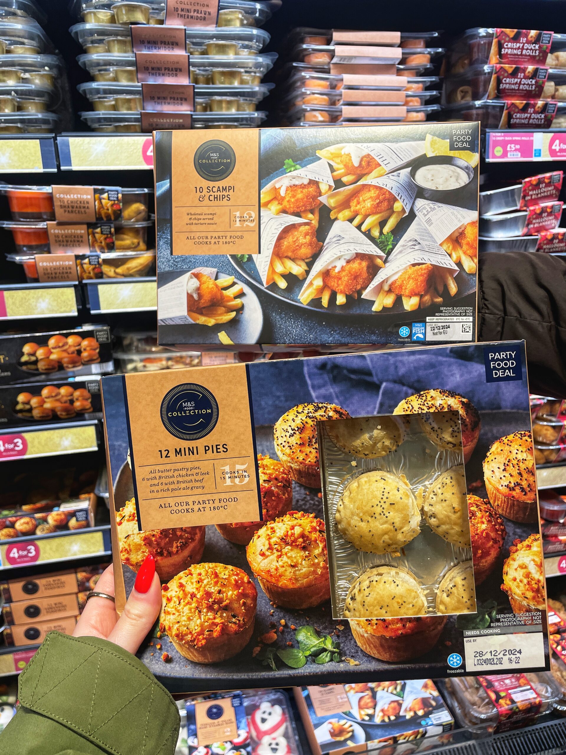 Mini scampi and chips, and miniature pies at M&S