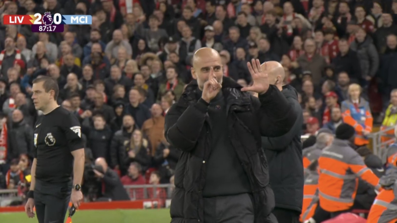 Pep Guardiola reacts to Liverpool fants chanting sacked in the morning