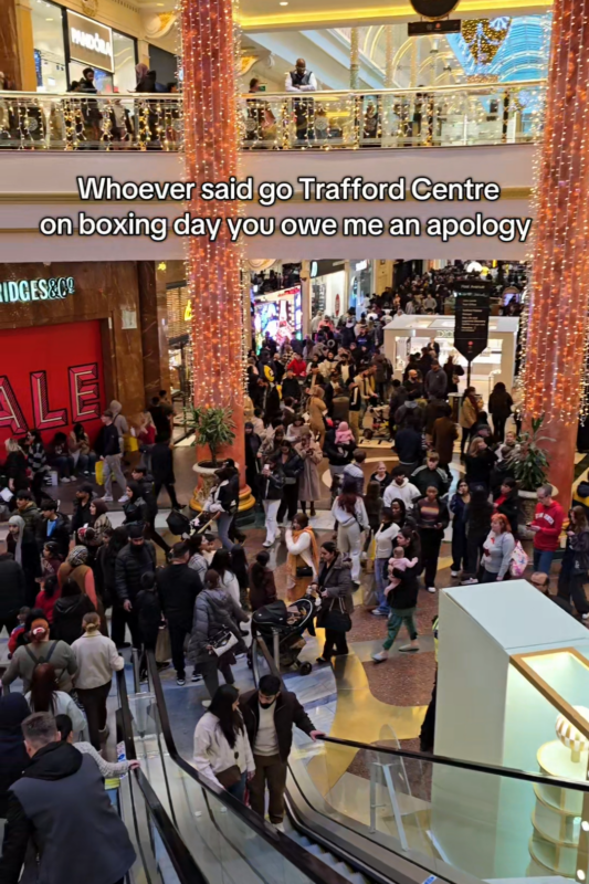 Scenes at the Trafford Centre on Boxing Day 2024. Credit: TikTok, @kimsilis