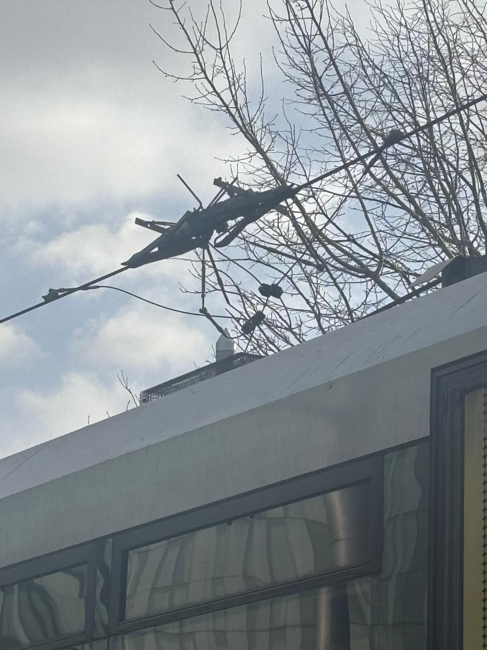 Damage to overhead tram lines at Deansgate-Castlefield by Storm Eowyn