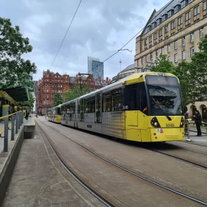 A Metrolink tram in Manchester city centre