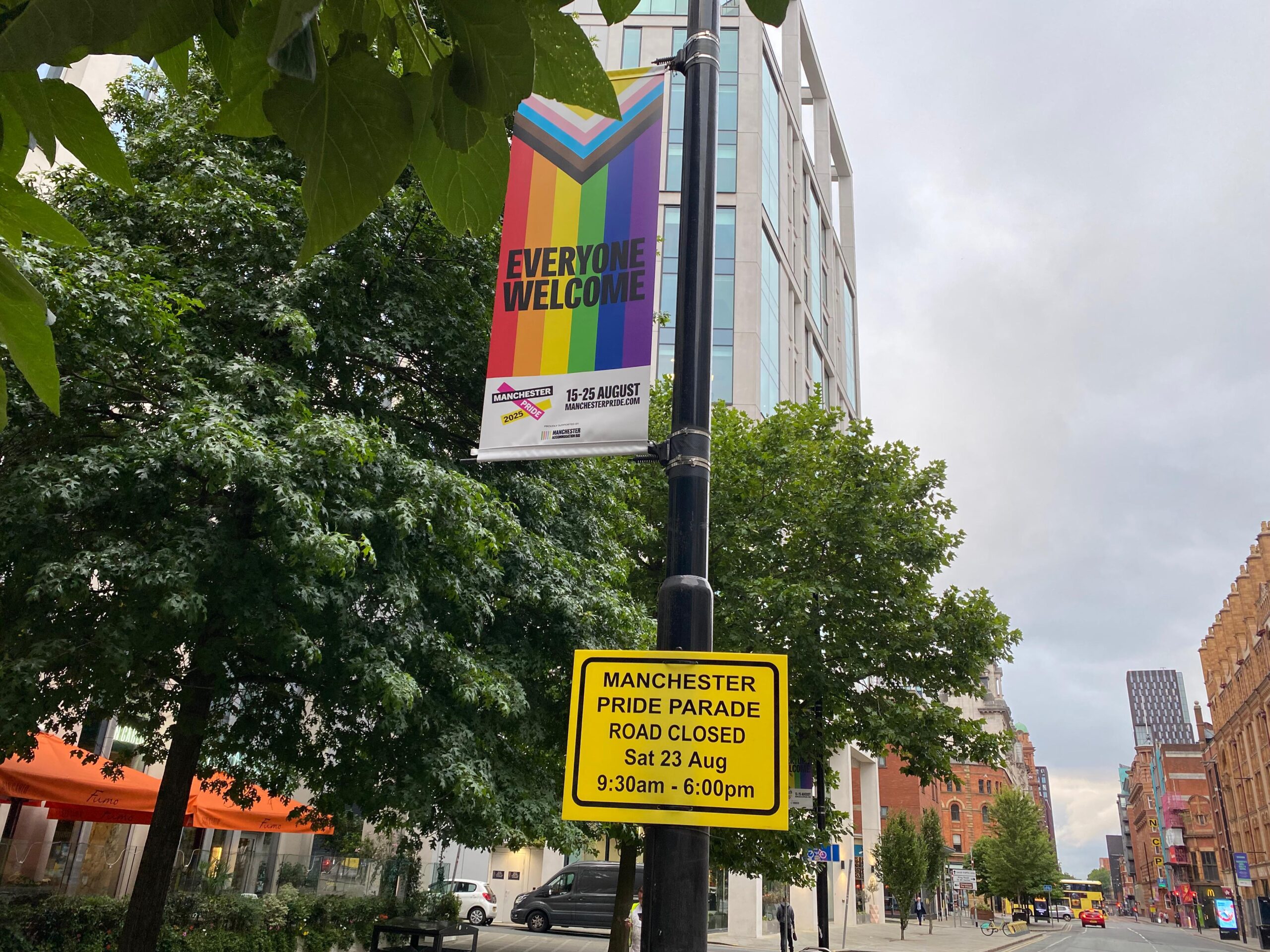 Manchester Pride Parade 2025 road closures sign