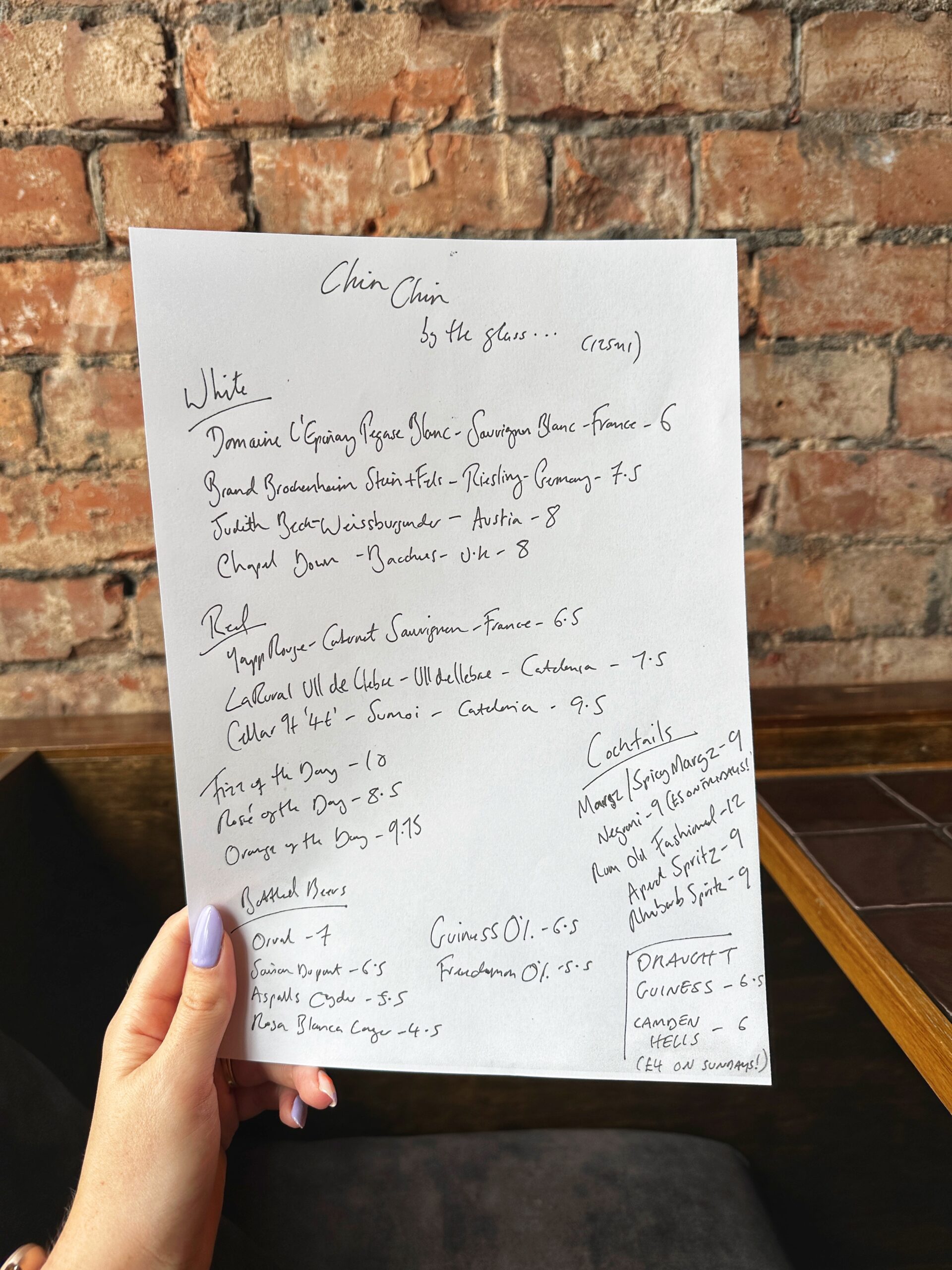 The wine list at Chin Chin