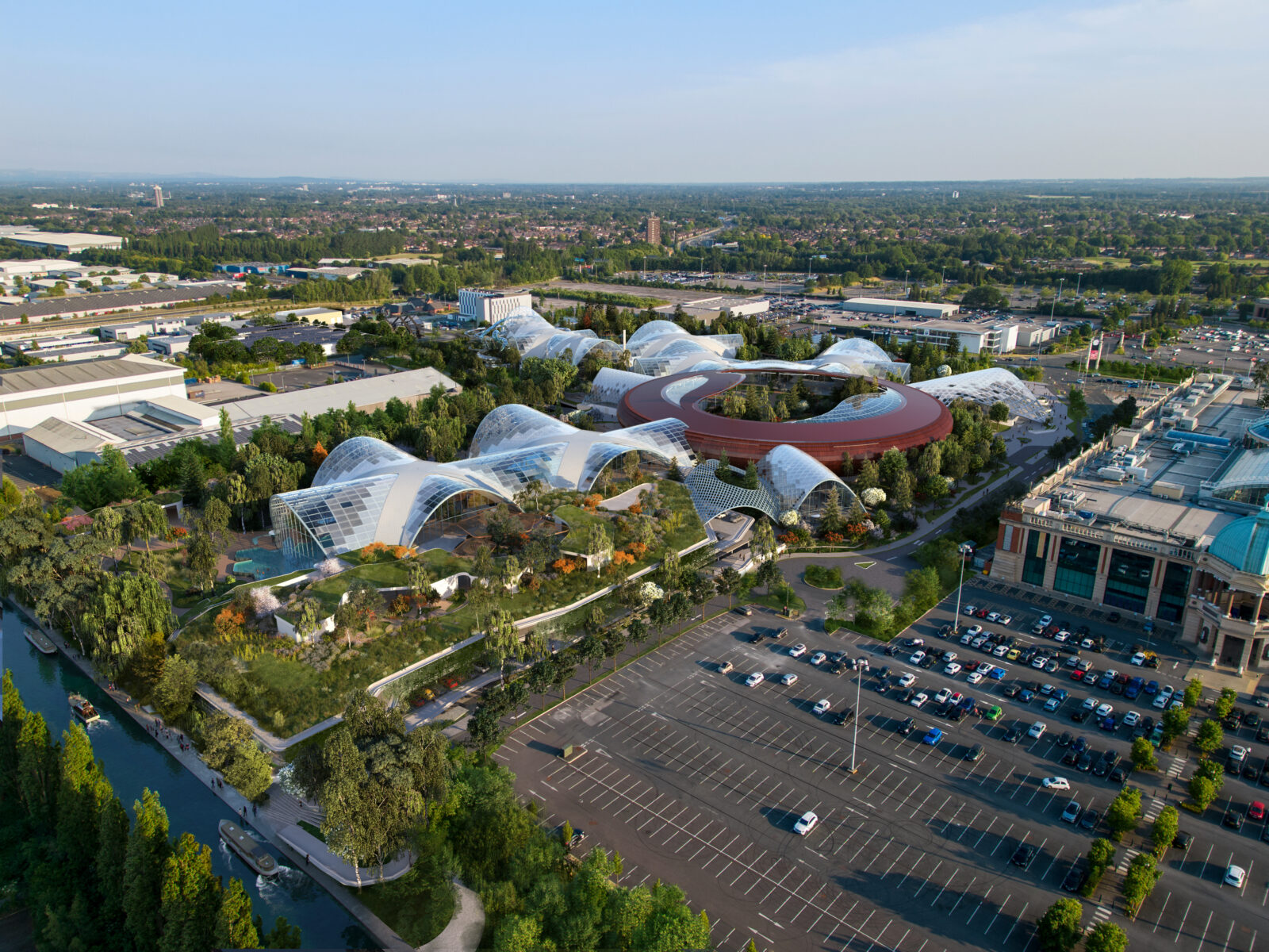 An aerial view of how Therme Manchester will look