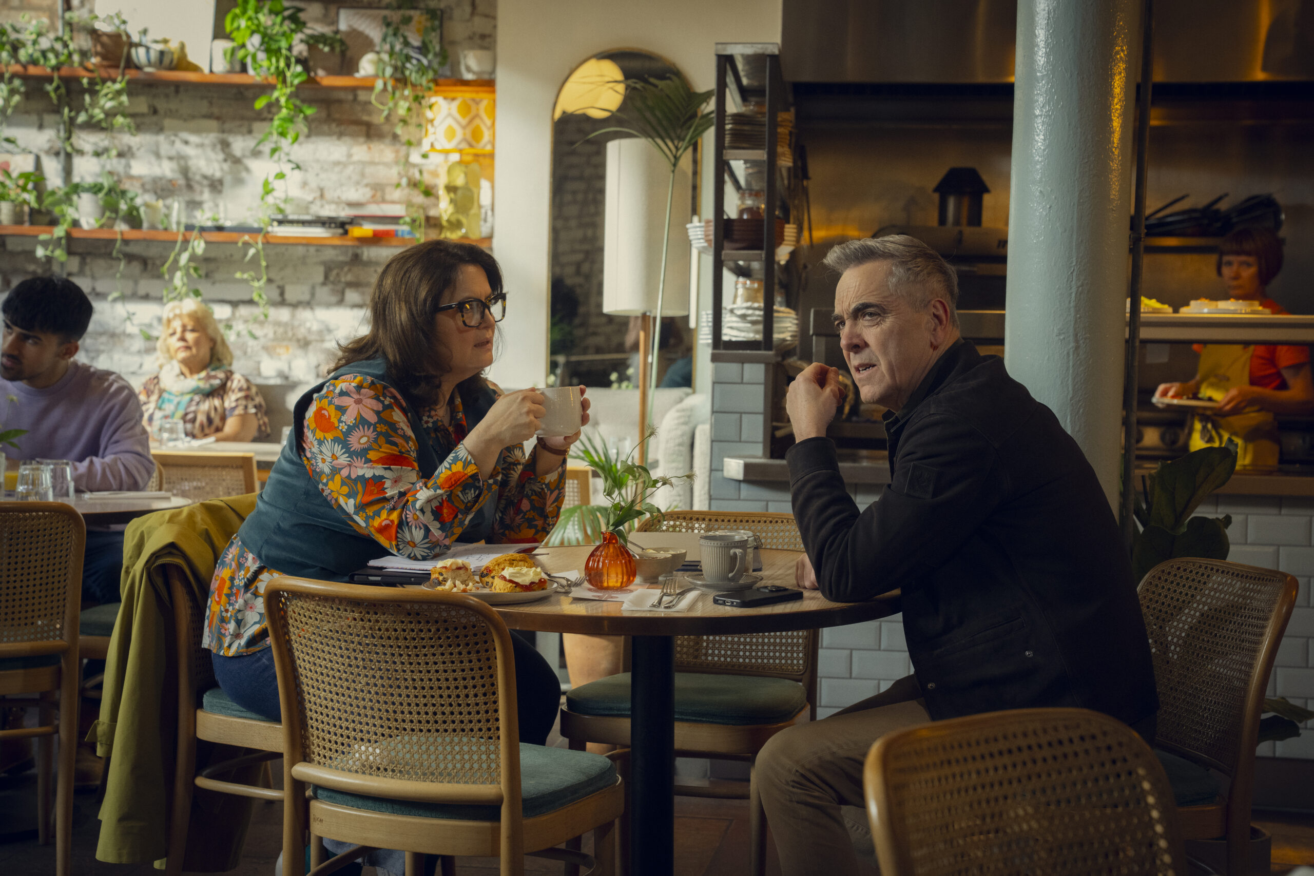 Ruth Jones and James Nesbitt filming in Evelyn's in Manchester