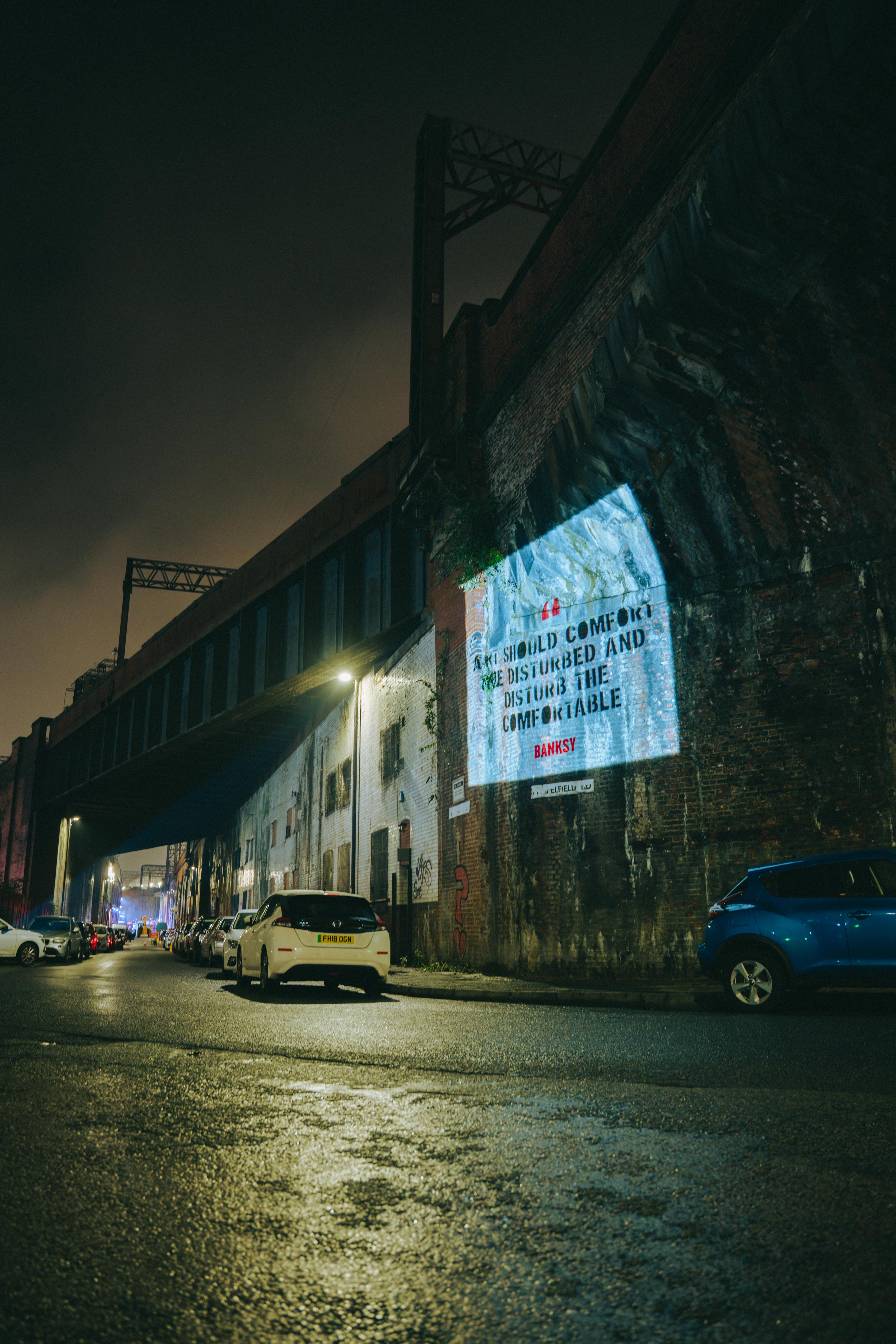 Projections in Manchester to announce The Mystery of Banksy exhibition