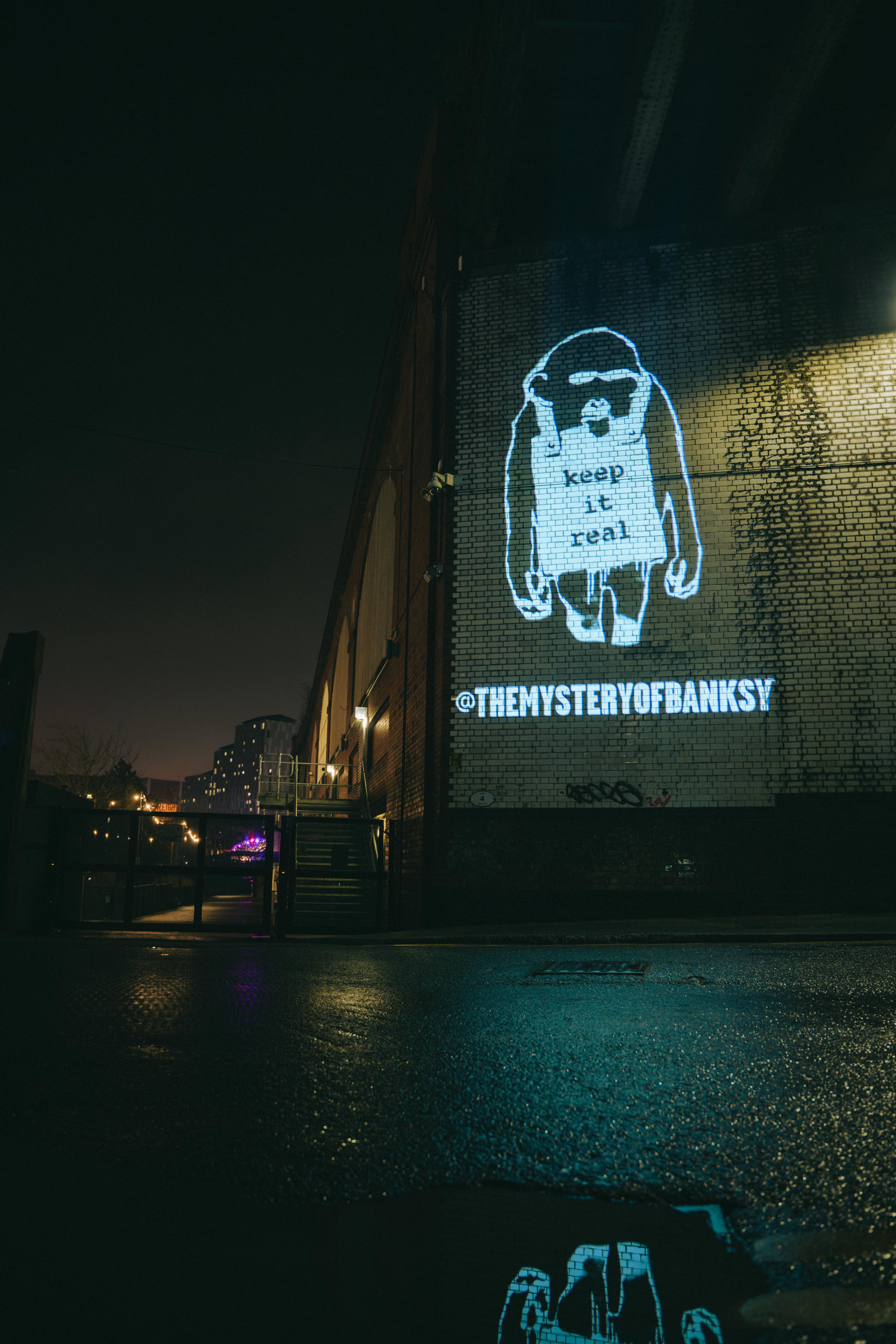 Projections in Manchester to announce The Mystery of Banksy exhibition
