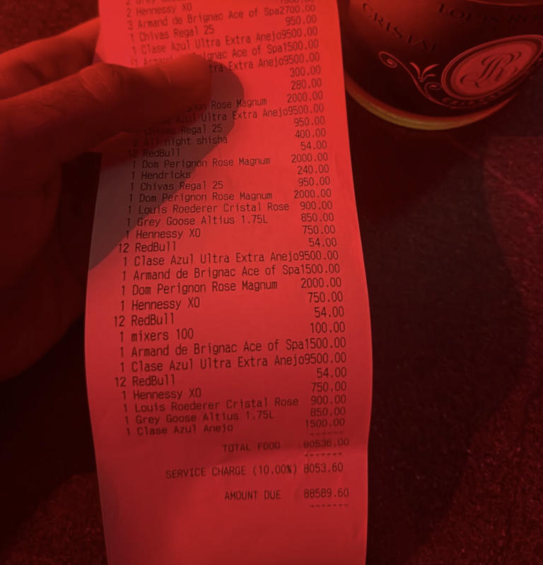 'Exclusive' Manchester nightclub shares customer's eye-watering £88k bill