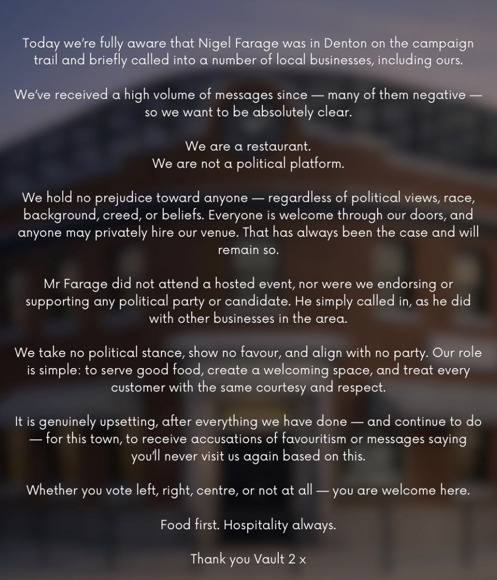 Vault 2's statement in full addressing the visit from Nigel Farage. Credit: Instagram @vault2_barandbistro
