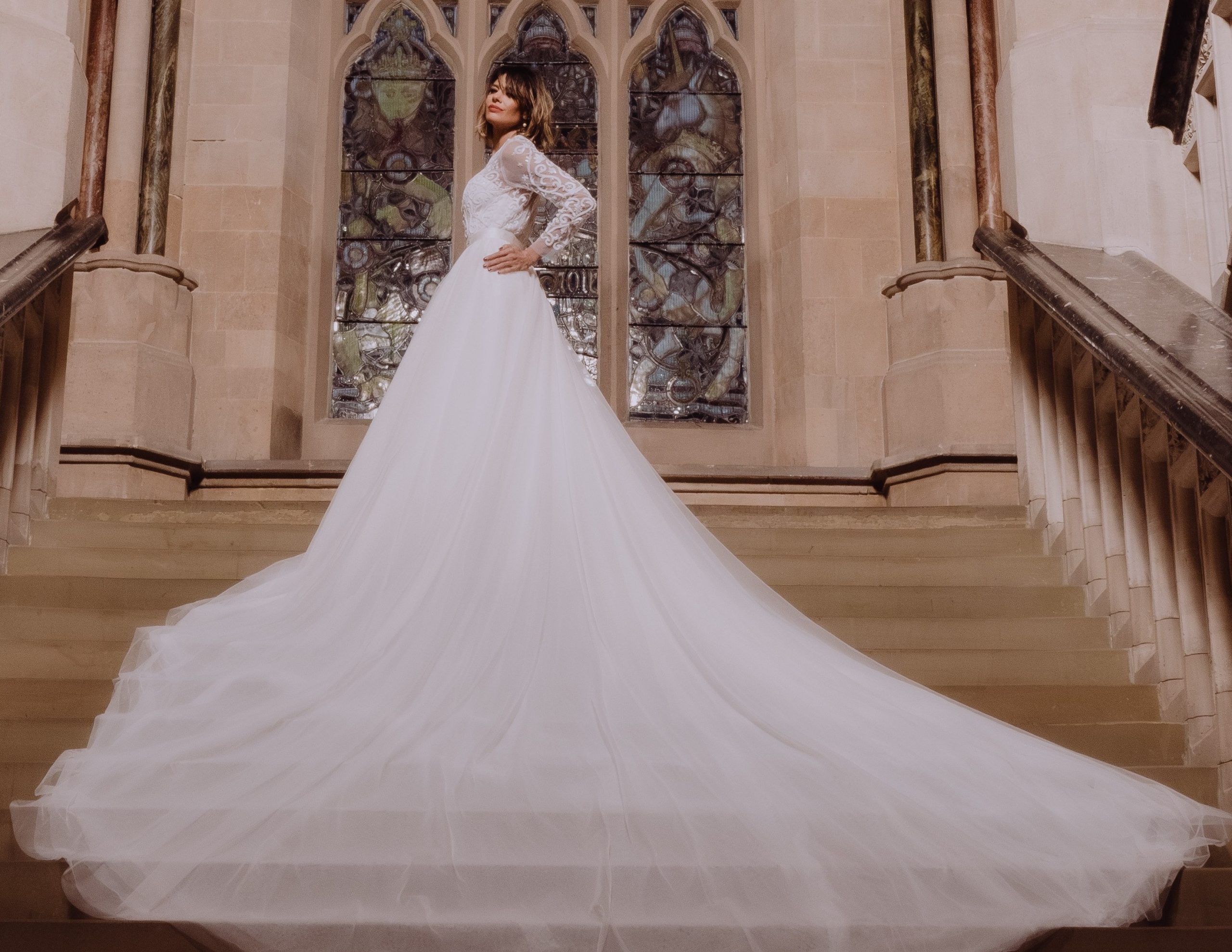 A bride on the grand staircase at Rochdale Town Hall. The famous venue hosts Rochdale Wedding Show on 17 May