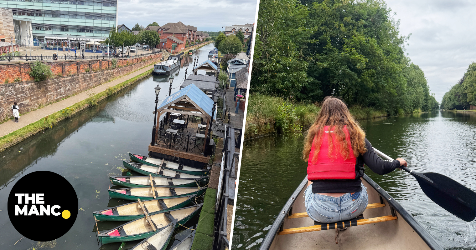 You can paddle a canoe down a Greater Manchester canal to a floating cafe and bar